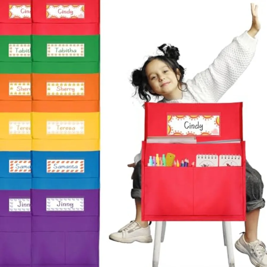 12 Pcs Classroom Chair Pockets, 15.9 x14.8 inch Chair Pockets for Classroom, 6 Bright Color Seat Sacks for Classroom Chairs, Bu