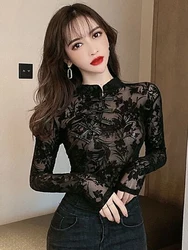 Fashion Sexy Mesh See Through Lace Tops Women Clothes Casual Ladies Beautiful Clothing Female Woman Nice Ins Cheongsam T-shirt