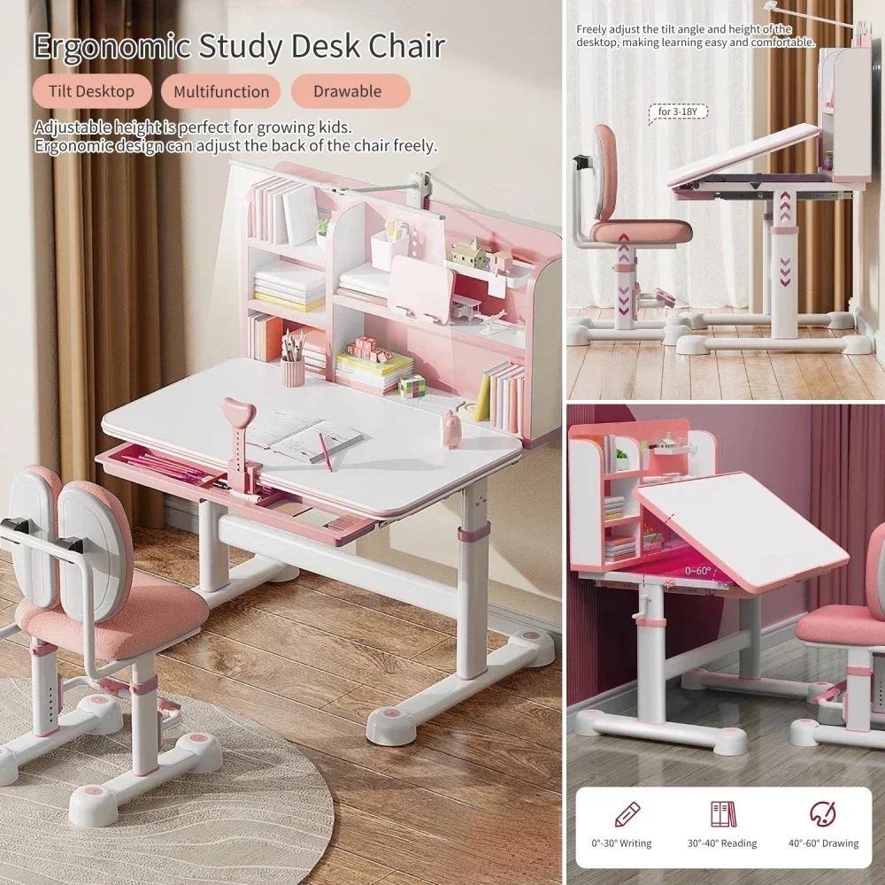 Ensemble de bureau et chaise réglables pour enfants, table d\'étude ergonomique pour enfants, bureau inclinable, poste de travail à proximité,