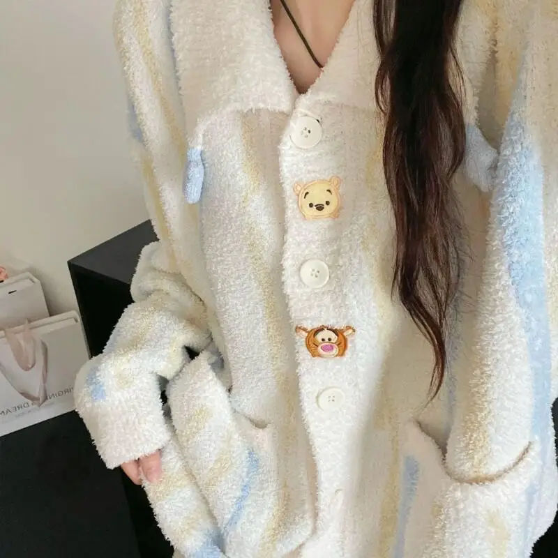 

Winter Half-Pile Woman Pj Set Cartoon Pajamas Sweet Cute Sleepwear Coral Fleece Kawaii Cardigan Homewear Keep Warm Nightwear