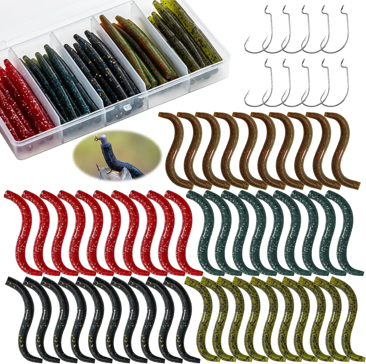 

Goture 50pcs Soft fishing Lures jigging bait bionic Worm Artificial insectfor With 10pcs jig hook texas fishing rigs kit