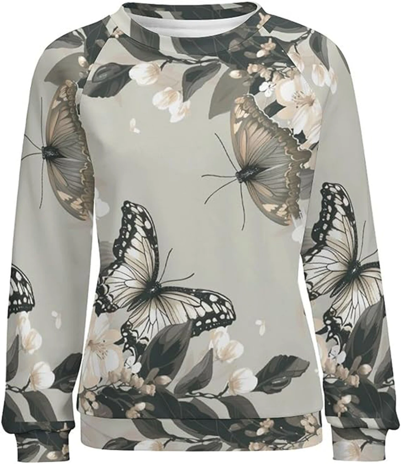 الخريف المرأة الفراشة بلوزات أزياء الربيع عارضة Crewneck البلوز قمم بوهو الأزهار الجرافيك كم طويل بلايز