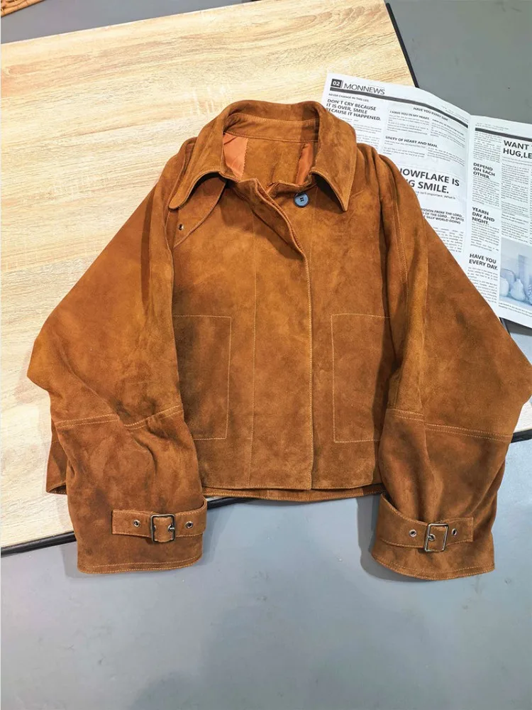 أزياء المرأة الجديدة فضفاضة الجلد المدبوغ سترة جلدية حقيقية رفض طوق واحدة الصدر جلد الغنم تصميم قصير معطف الإناث الخريف