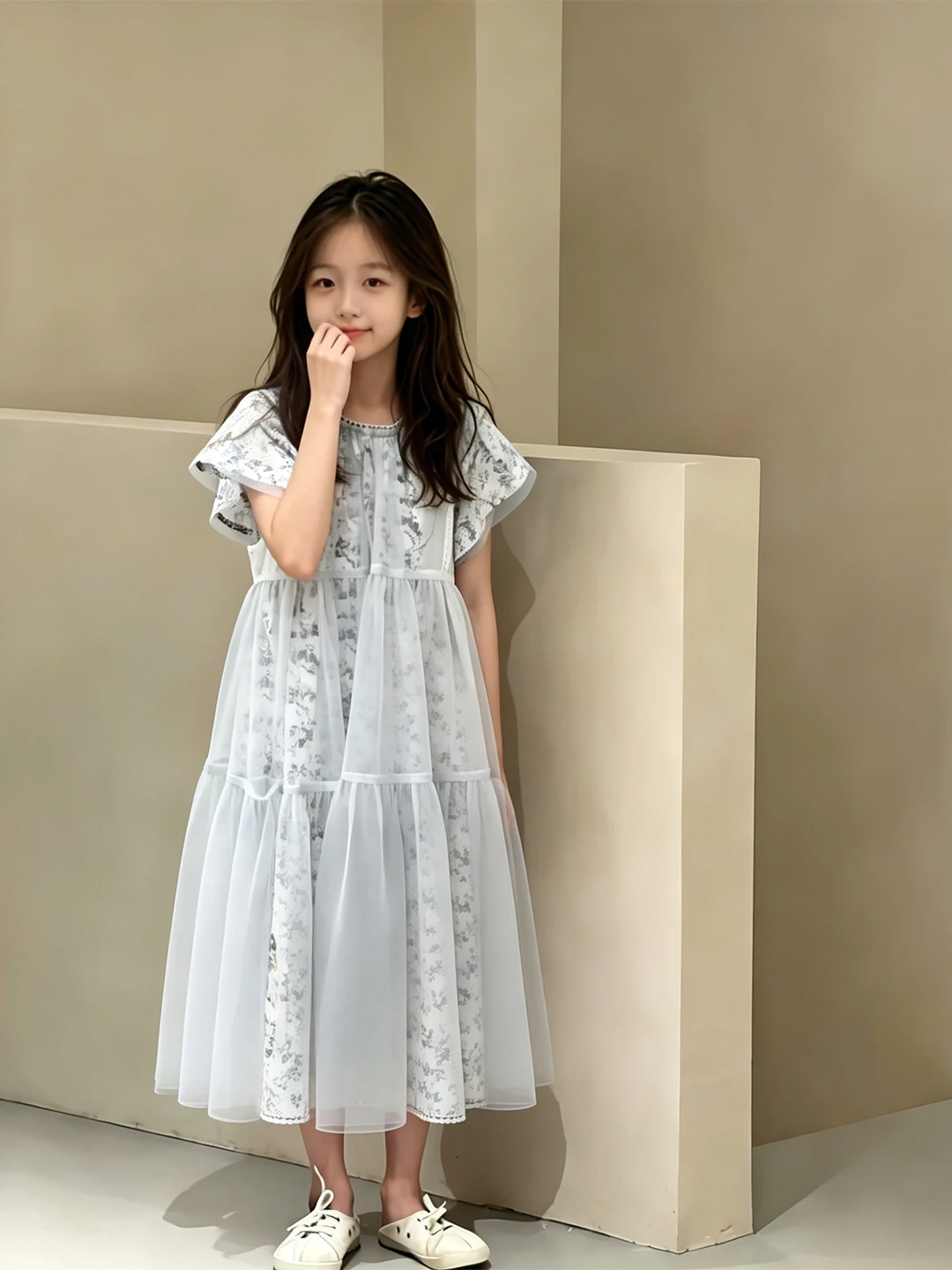 

Girls Dress Children's Skirt Summer Outfit New 2026 Grey Sweet Tulle Splicing Super Beautiful Floral Long Dress