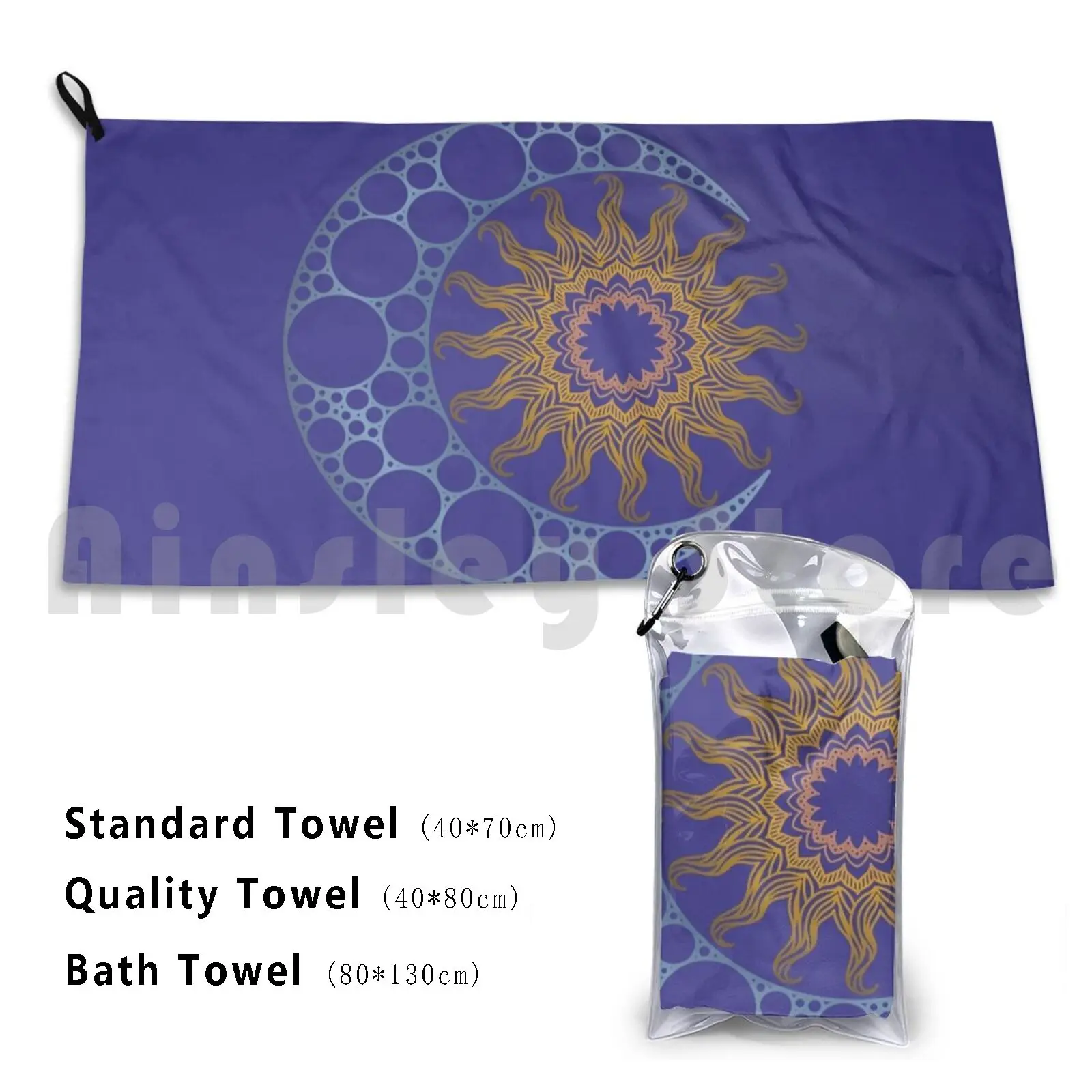 Mandala Sun And Moon ( Version 2 ) Bath Towel Beach Cushion Sun Moon Celestial Sky Night Blue Silver Gold Bronze