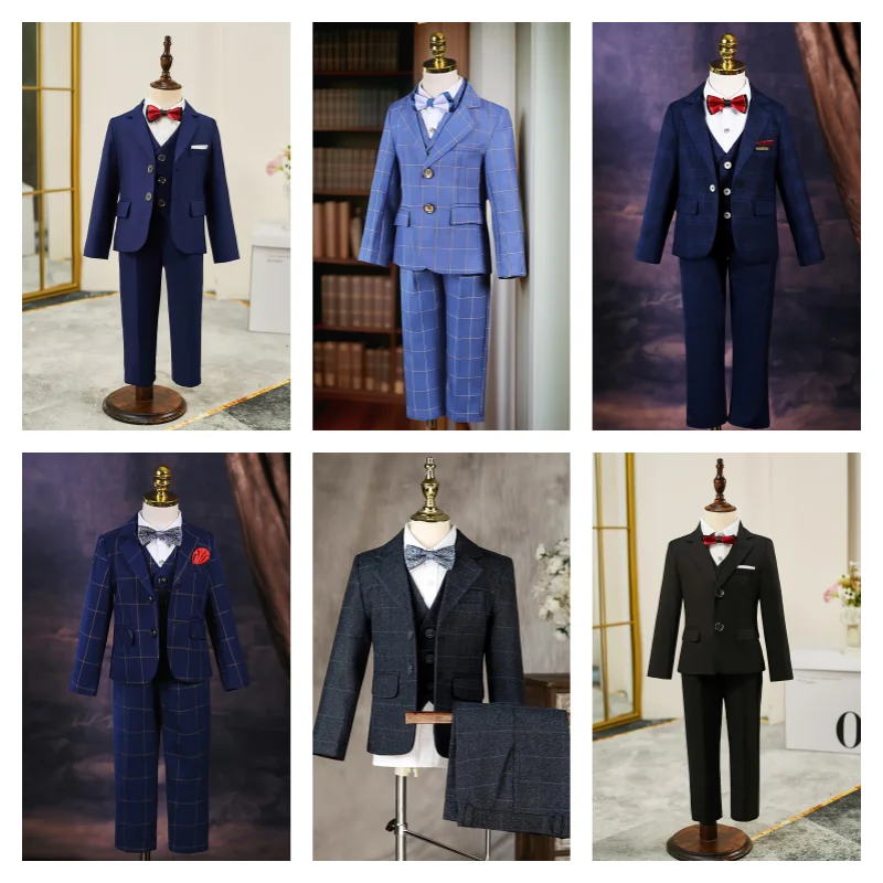 Kids Blue Plaid Spring 4Pieces/Set Jacket Vest Pants Bowtie Wedding Suit Kids Piano Host Dress Children Performance Blazer
