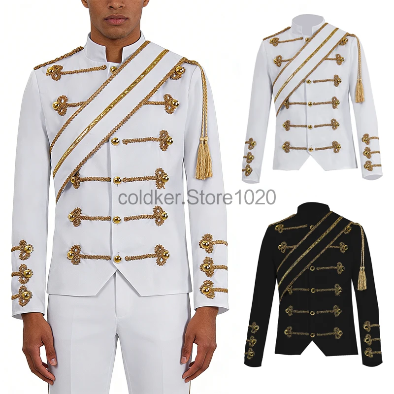 Men Singer Stage Performance Suit Black White Medieval Vintage Gold Strip Blazers Coat Halloween Rock Singer Cosplay Costumes