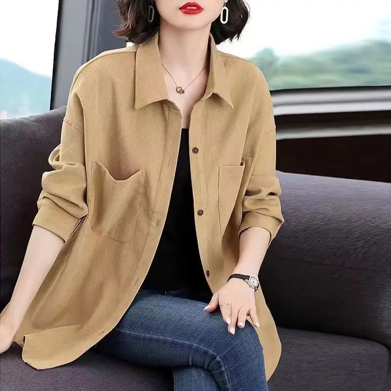 Women Spring Korean New Fashion Casual Commute Polo-Neck Shirt Button Pockets Spliced Loose Plus Size Long Sleeves Cardigan Coat