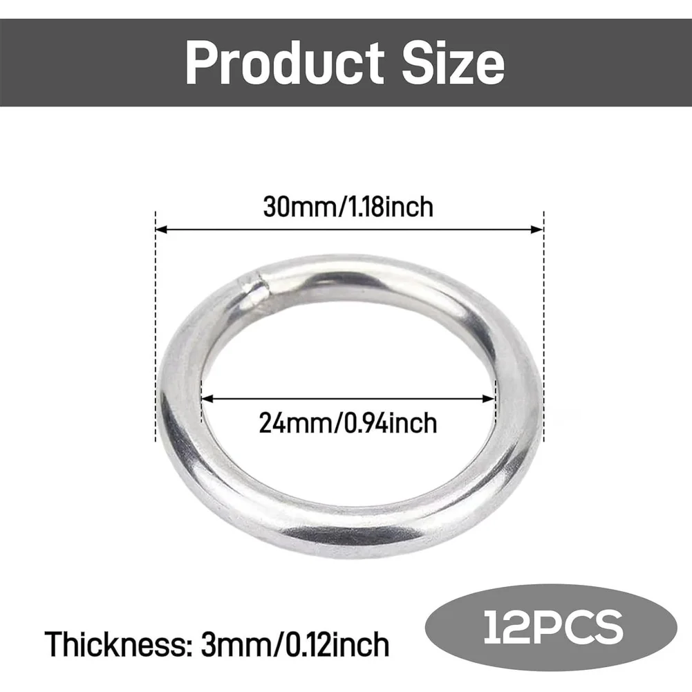 Twelve 304 Grade Stainless Steel O Rings with 30mm External Diameter and 3mm Cross Section for Handmade Crafts