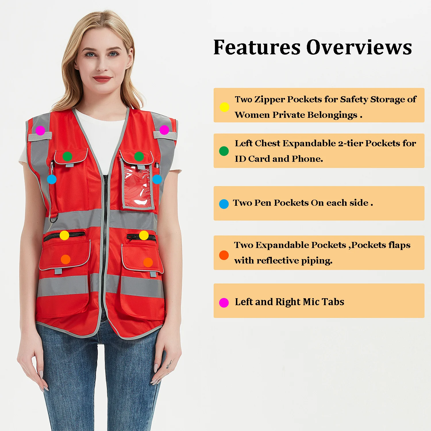 Safety Vest Red Colour High Visibility Vest Women Zipper Front Multi Pockets Working Vest Uniform