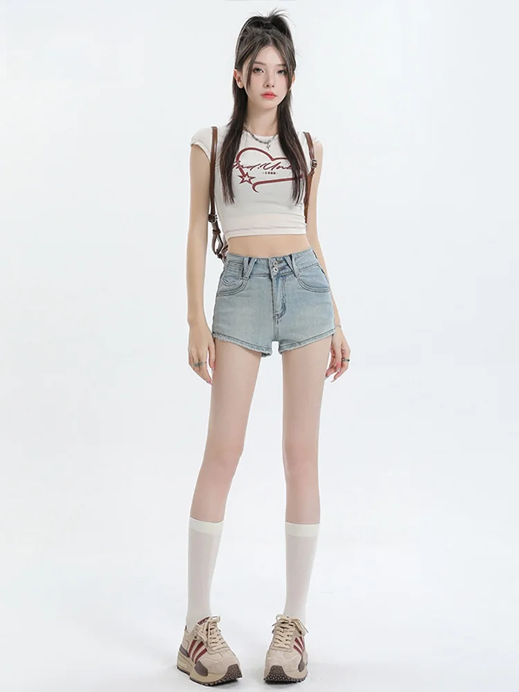 

Женские летние джинсовые шорты с высокой талией, новый фасон, А-силуэт, прикрывающие ягодицы, износостойкие, однотонные