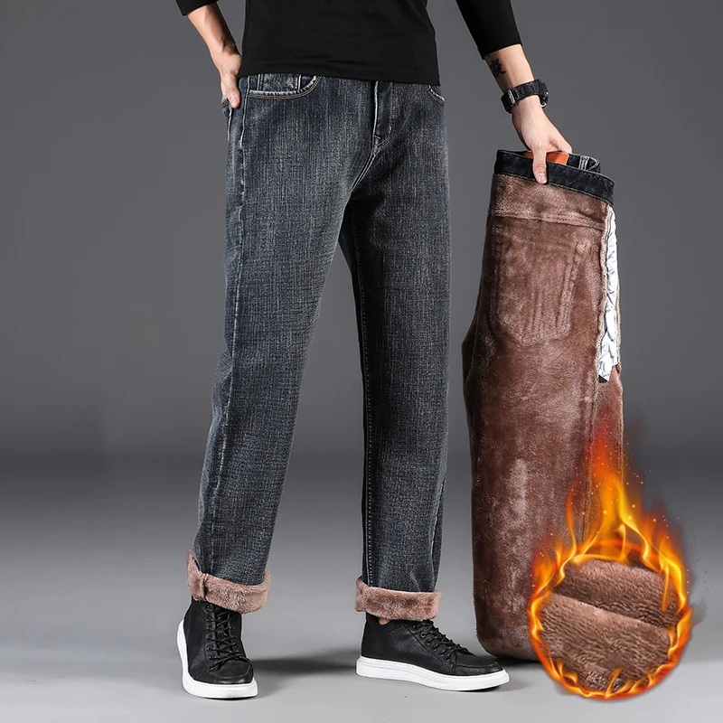 Winter Men's Fleece Warm Jeans Thickened Classic High Waist Loose Straight Denim Pants Retro Smoke Gray Elastic Trousers 42 44
