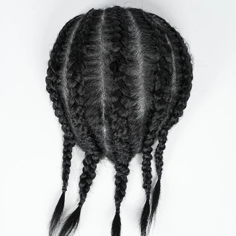 100% Human Hair Black Corn Braided Hairpiece Ultra Thin Breathable PU Capillary Prothesis Wig Braided Hair Piece Wig