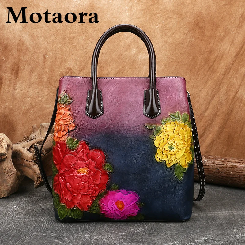 MOTAORA Retro Women Bag Vintage Bucket Shoulder Bags For Women 2025 New Handmade Embossed Leather Handbag Floral Tote Bag Female