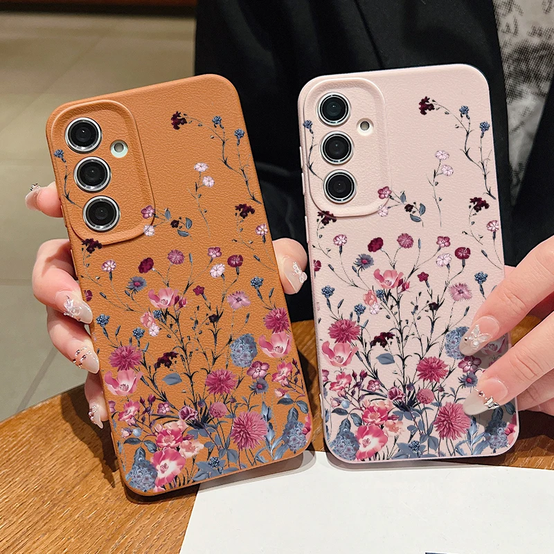 Small Flowers Leather Texture TPU Case For Samsung Galaxy S24 FE S25 S23 S22 Ultra A16 A55 A15 A54 A35 A25 A56 5G Phone Cover