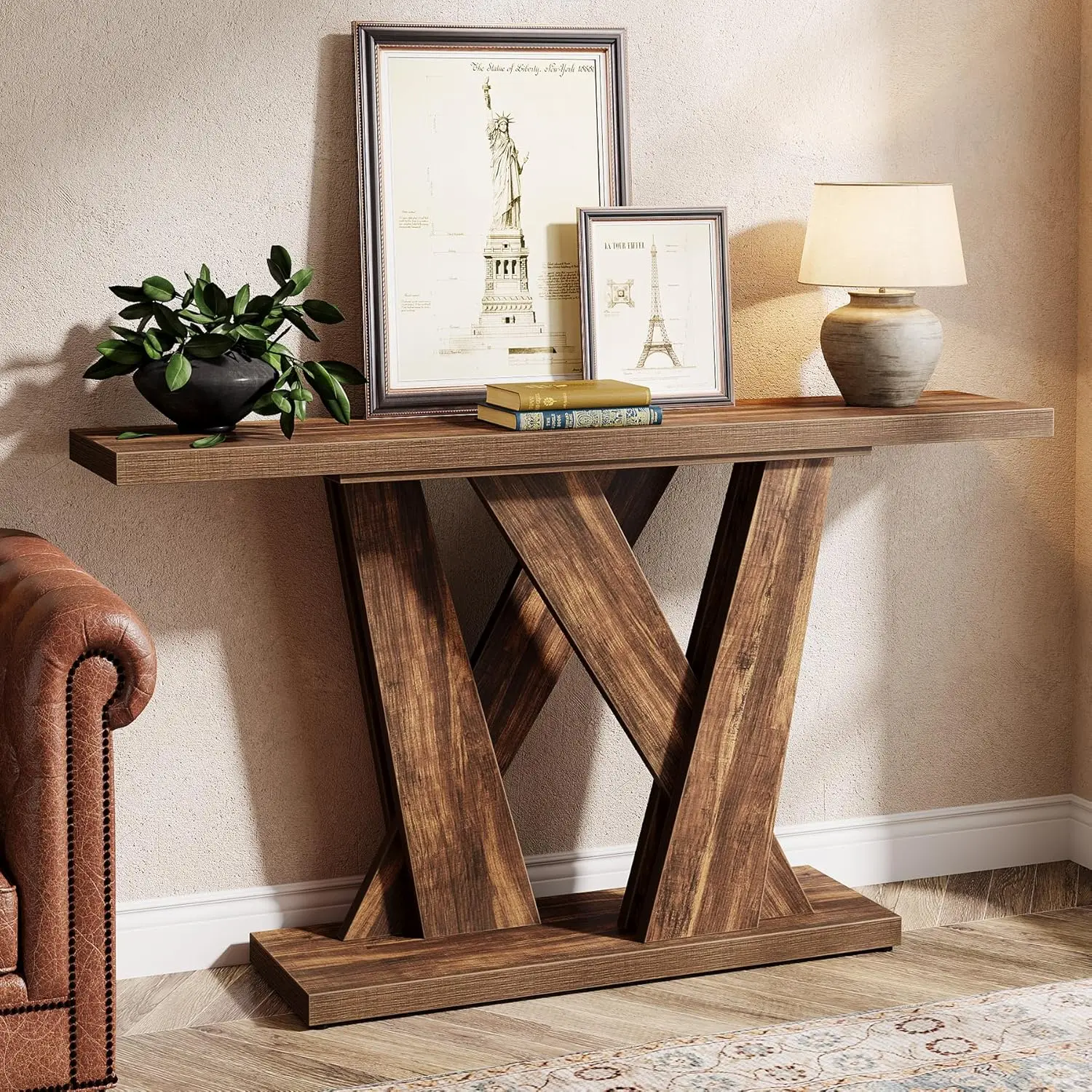 #55-Inch Farmhouse Console Table, Farmhouse Behind The Couch Table TV Stand with Geometric Base, Skinny Sofa Table, Customized