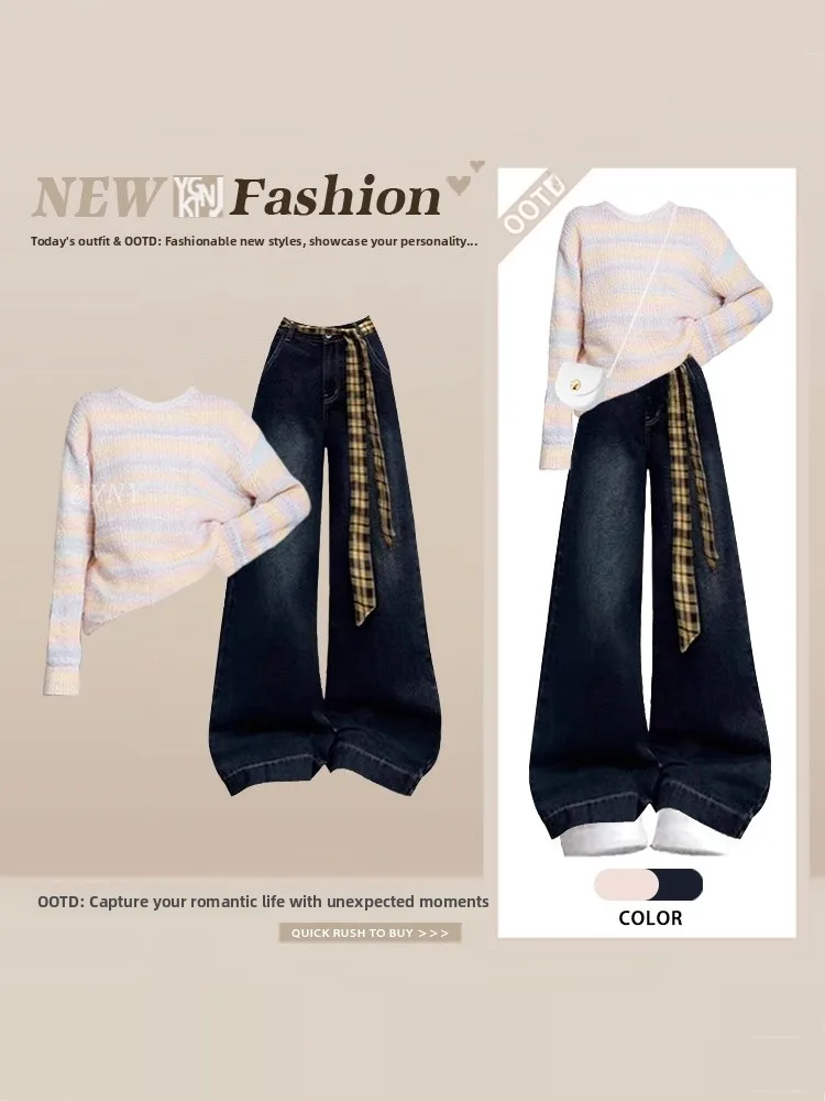 volwassen kleur trui losse winter dames gebreide lange Sve irt met geruite jeans set zachte sle vrijetijdskleding