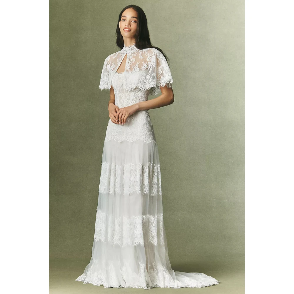 Customized Detachable Lace Capelet Tiered Lace Tulle Gown Floral Appliques Hidden Zipper Light Sweep Train for Bridal Reception