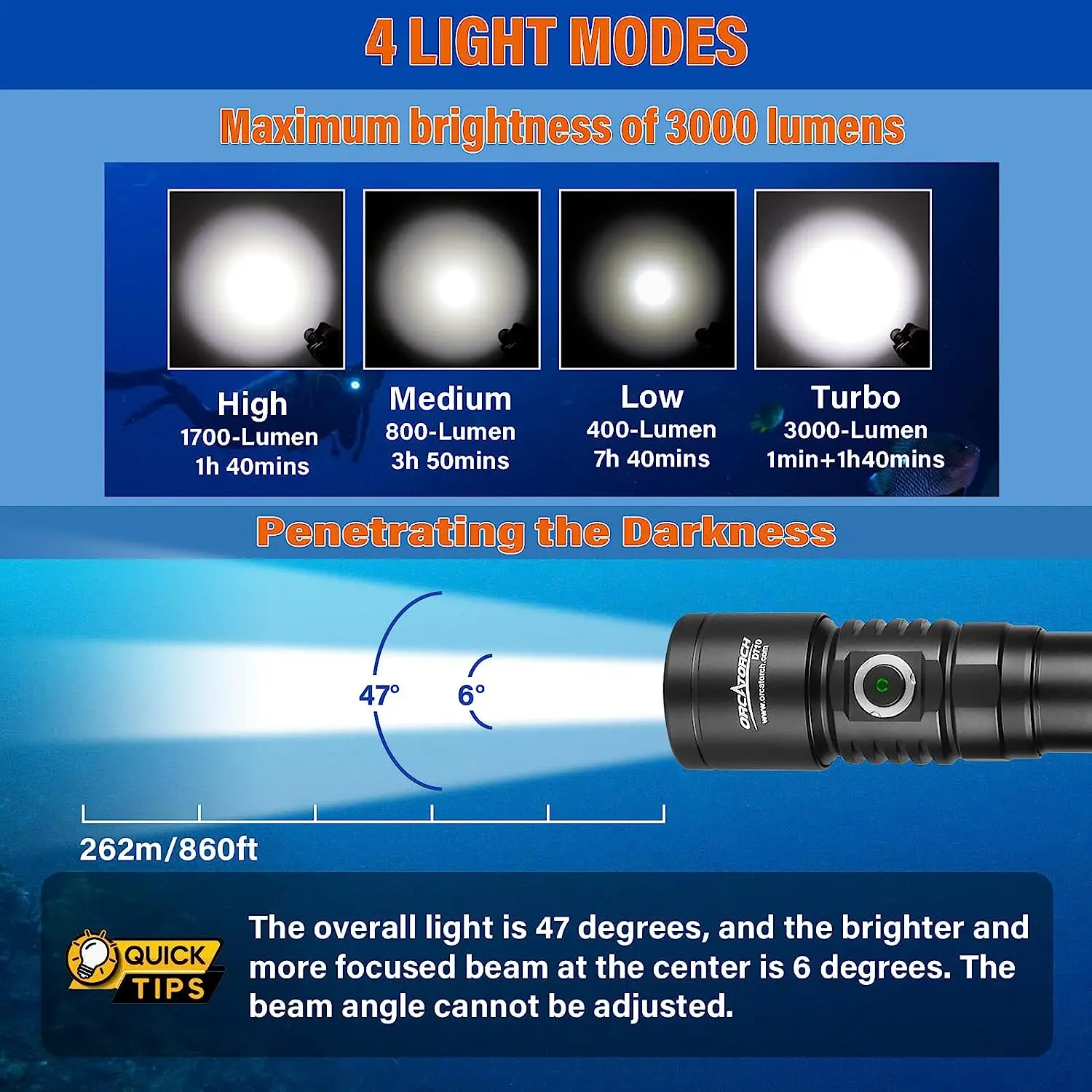 Orcatorch D710 potente linterna de buceo linterna subacuática linterna de buceo profesional linternas LED recargables