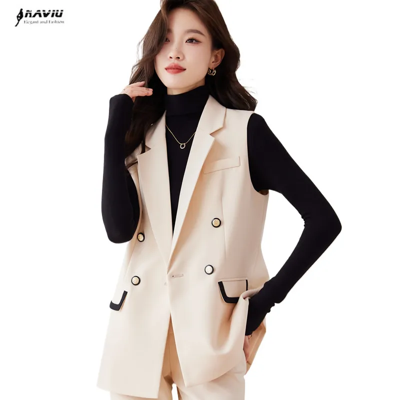 

NAVIU New Fashion Summer Formal Slim Beige Jacket Office Ladies Casual Work Wear High Quality Patchwork Vest Coat Black