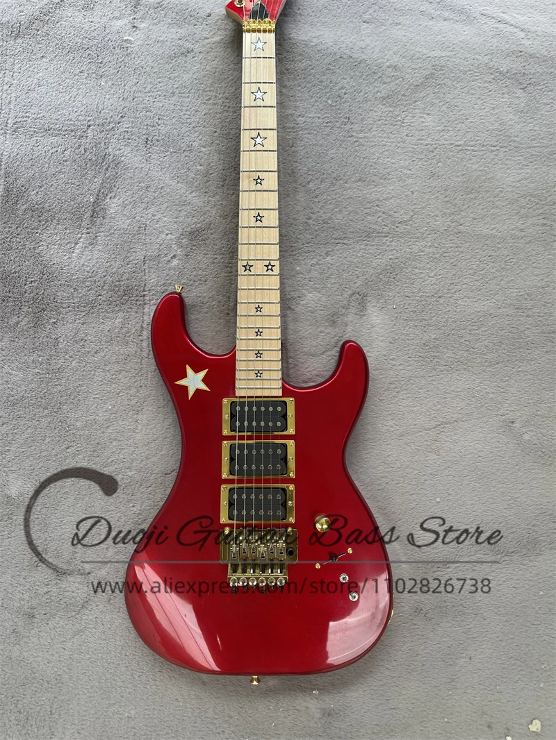 Metal Red electric guitar Kra Body Double Swing Bridge HHH pickup Maple fingerboard Pentagram Set Gold tuner factory custom