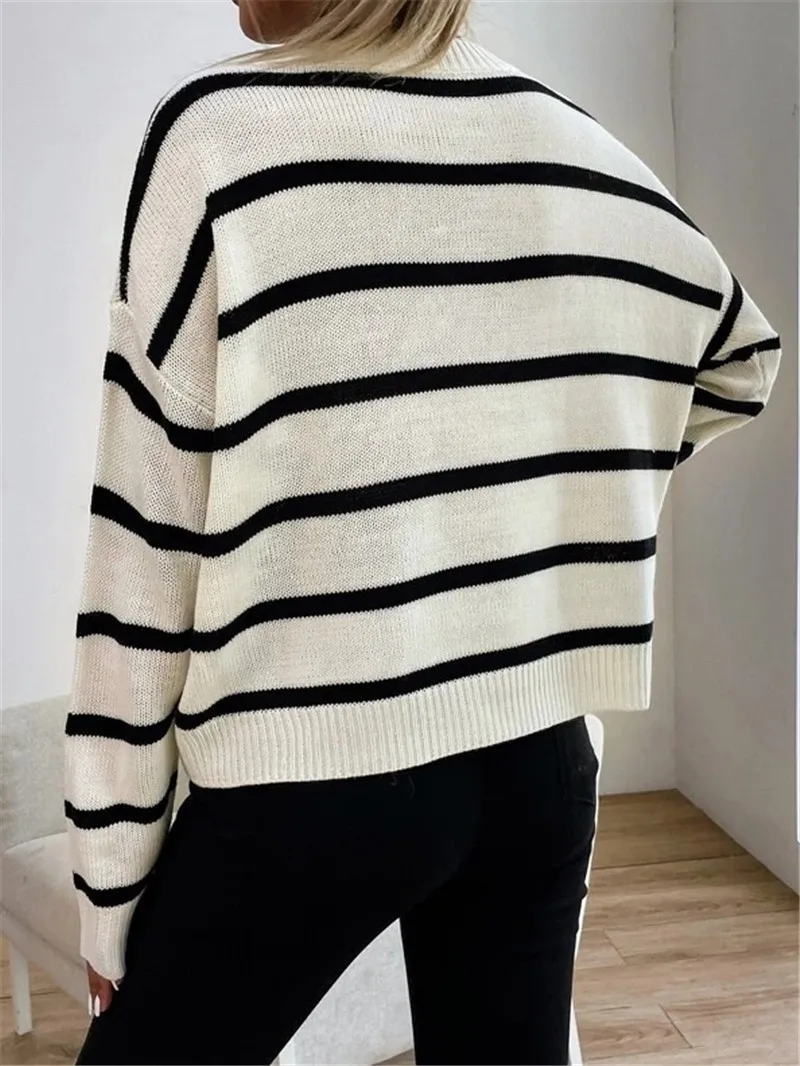 Women\'s autumn new loose round neck striped knitted pullover sweater