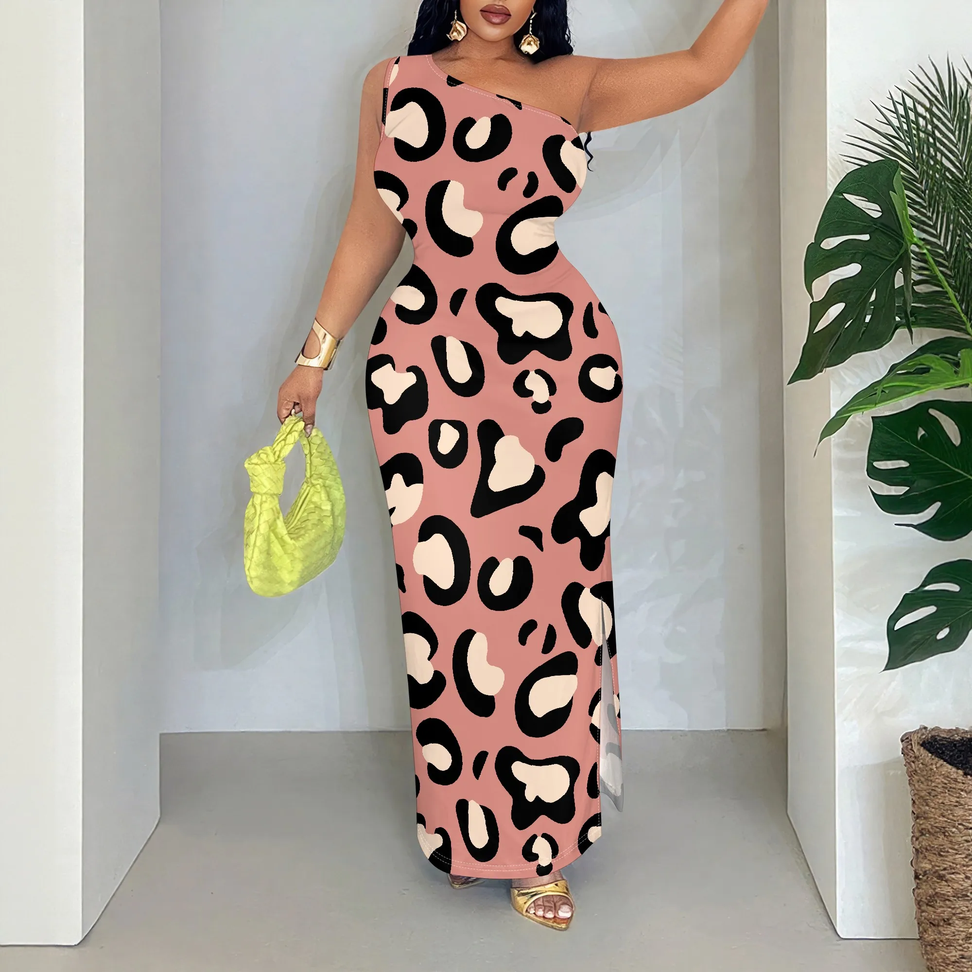 

Pink Leopard One Shoulder Maxi Dress, Sleeveless Bodycon Print Dress, Elegant Party Clubwear for Women, S-2XL