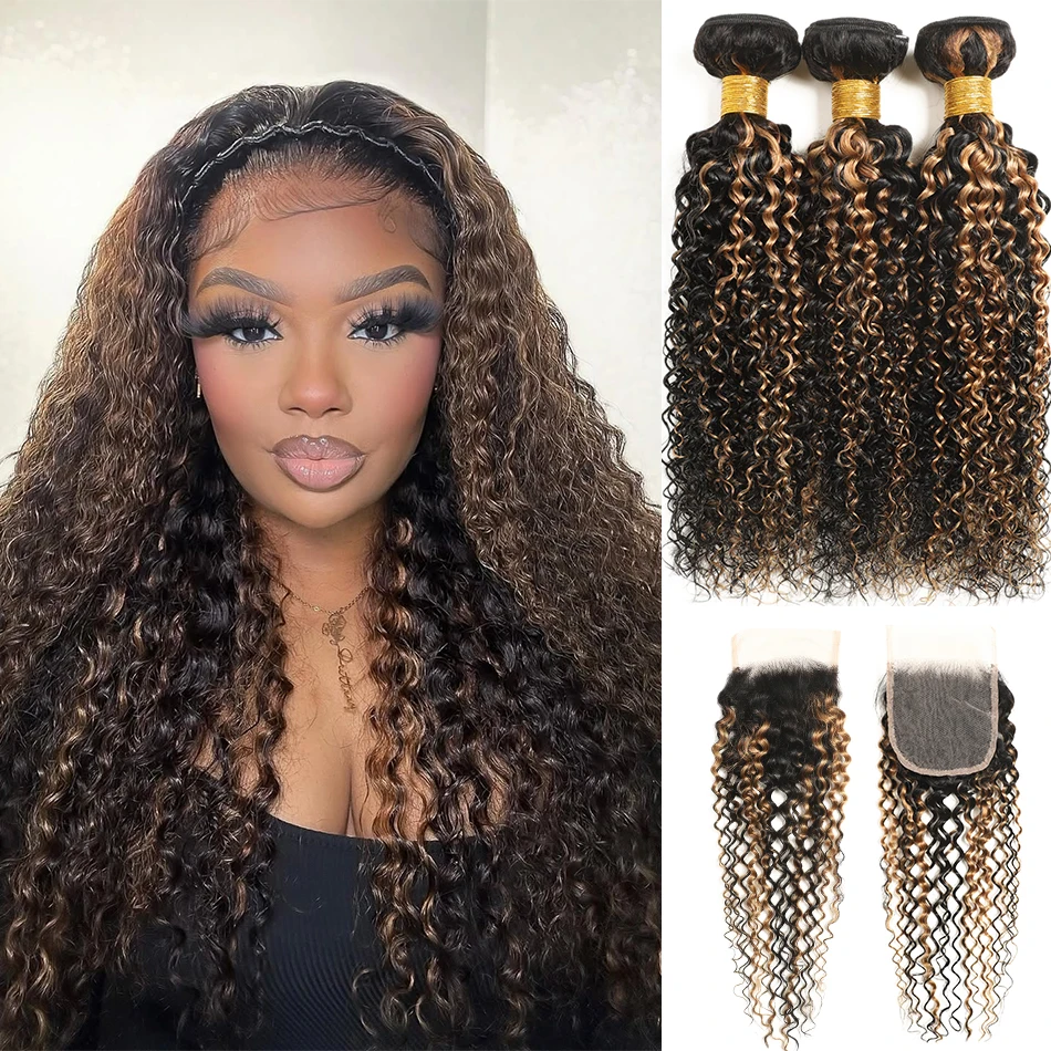 

100% необработанные человеческие волосы девственницы Ombre Выделите вьющиеся волосы с кружевной застежкой 4x4 HD Светлые кудрявые вьющиеся 2/3 пучка с кружевной застежкой