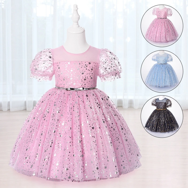 Summer 2023 Dresses For Girls Kids Baby Ruffle Lace Pageant Party Wedding Sequin Sparkling Tulle Dress Short Sleeve Princess