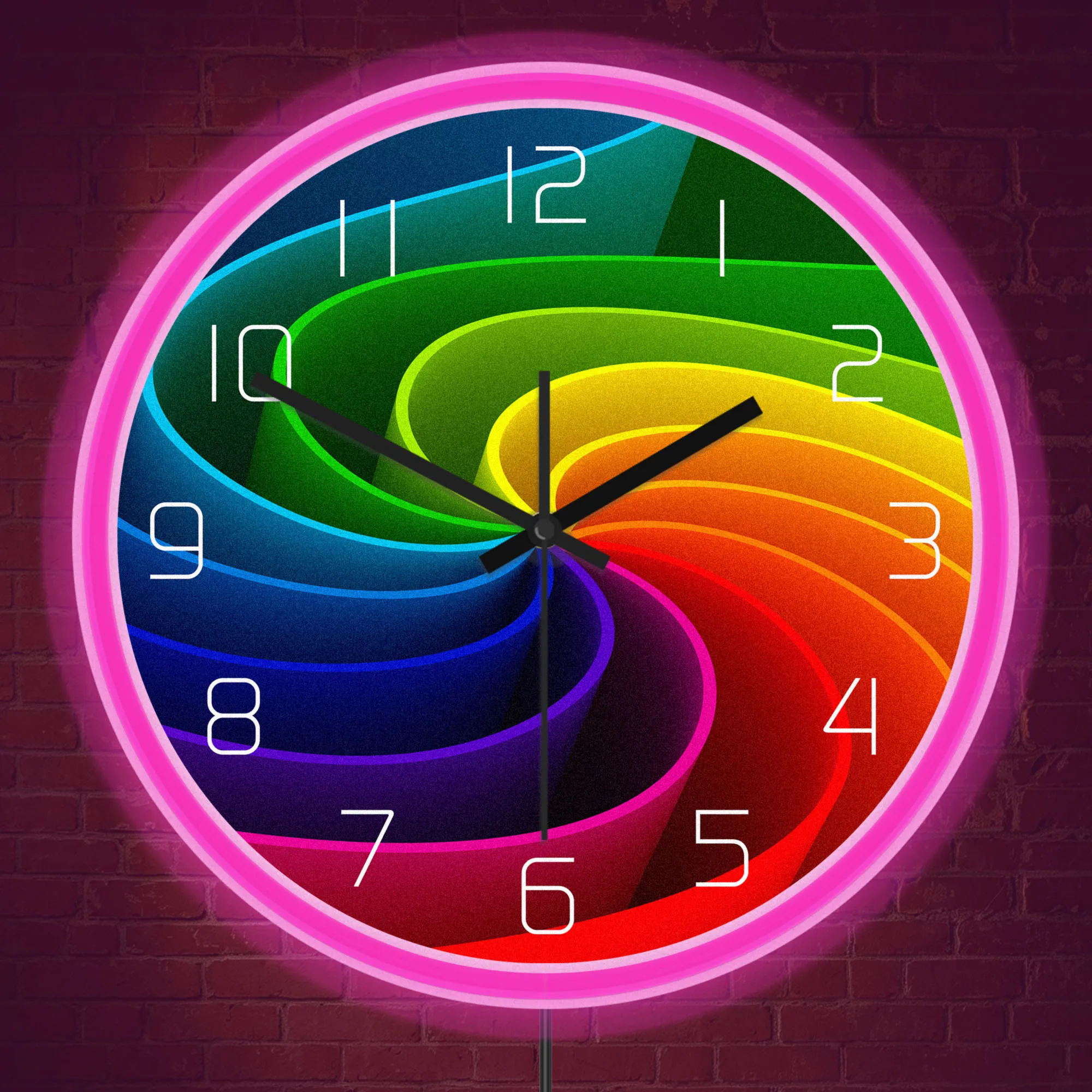 Abstract Rainbow Swirl Neon Wall Clock for Bedroom Living Room Colorful Tunnel Spiral Vortex Luminous Night Light Glow in Dark