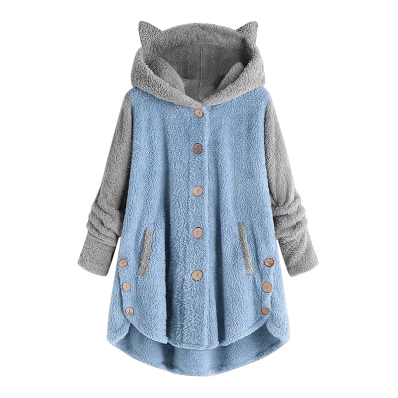 Cat Print Long Hoodies Sweatshirt Women Fleece Warm Button Pocket Pullovers Cat Ear Plus Size Hoodie Top Blouse Sweat Femme