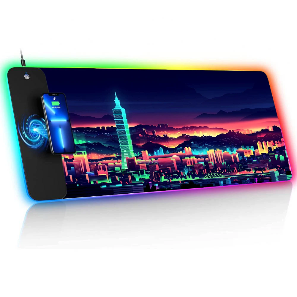 Wireless Charging Neon City Aesthetic Pc Gamer Accessories Mouse Pad Xxl Led Gaming Laptops Office Mouse Mat Keyboard Pad