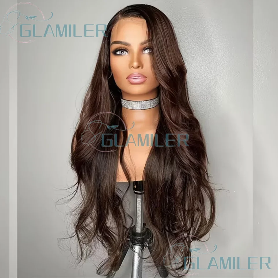 الجانب الأيمن شعر بشري مموج طبيعي # 2 شعر مستعار بني داكن بدون صمغ 5 × 5 من الحرير لإغلاق الجزء العلوي منزوع مسبقًا 13 × 6/360 باروكات دانتيل كاملة