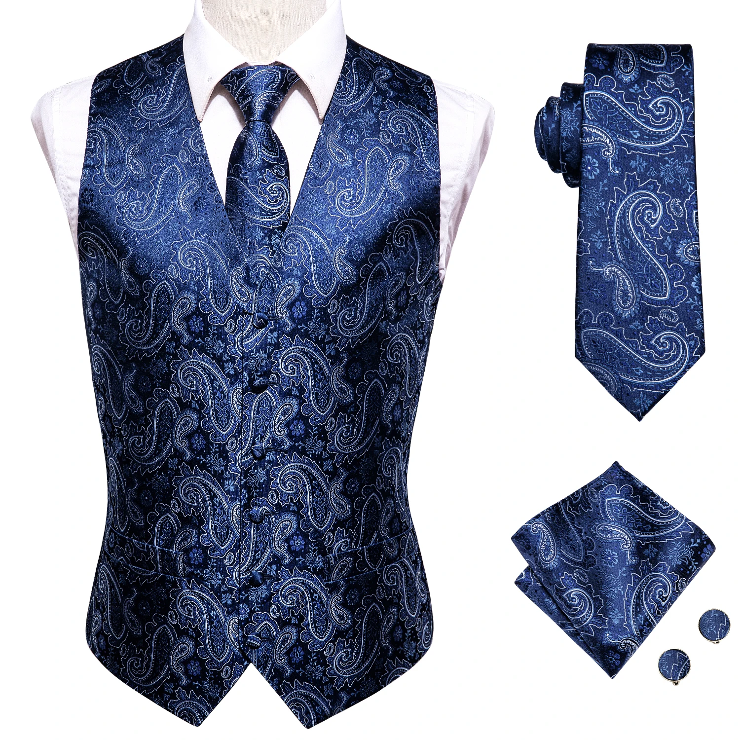 NONE Hochzeits-Lila Herrenweste Paisley Blumenmuster Krawatte Einstecktuch Manschettenknöpfe Sets Blau Grün Rot Herren Ärmellose V-Ausschnitt Weste Party 3