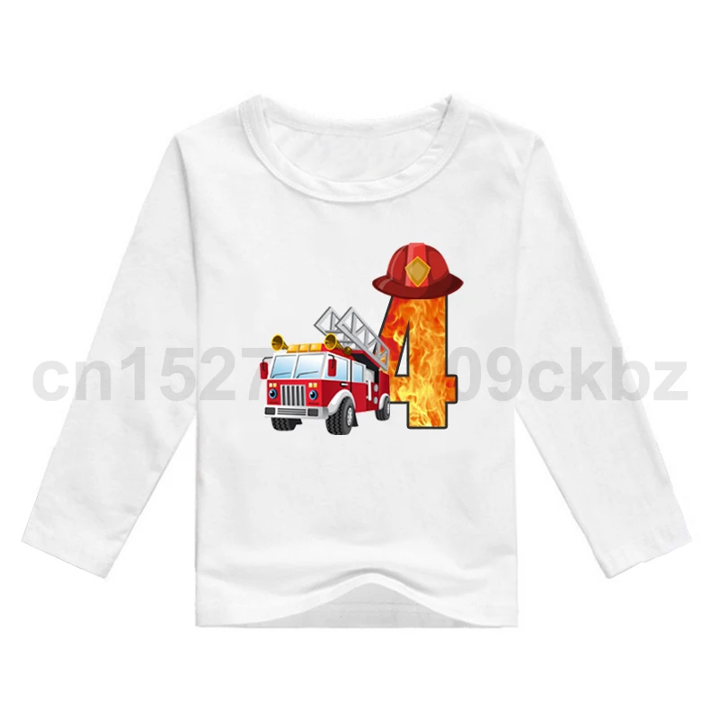 Baby Boys Cool Firefighter Car Birthday Numbers Long Sleeve T-Shirt Children Autumn Girl Gift Present Clothes Kids White Tops