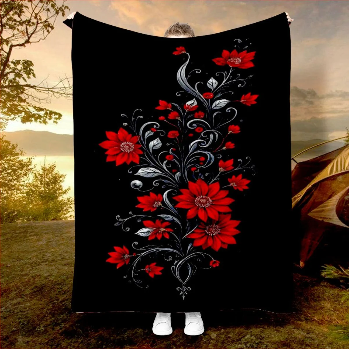 بطانية فانيلا حمراء منقوشة بالزهور - ناعمة ودافئة، مناسبة للأرائك والأسرة والكراسي والتخييم وكهدية المهرجانات #1