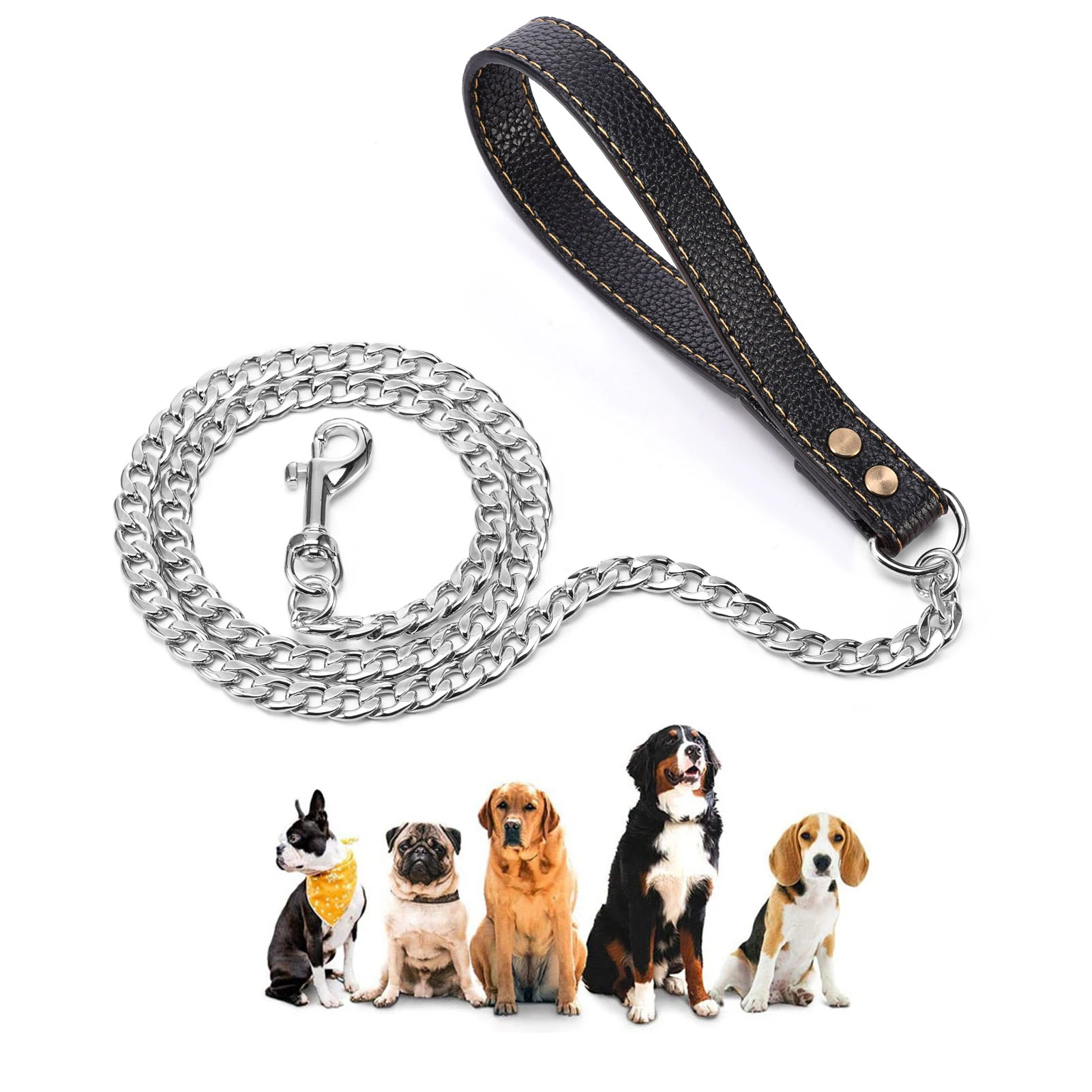 

Pet Leash 4.5FT Metal Stainless Steel Chain 18K Gold Dog Lead with Leather Handle Training For Medium Large Dogs