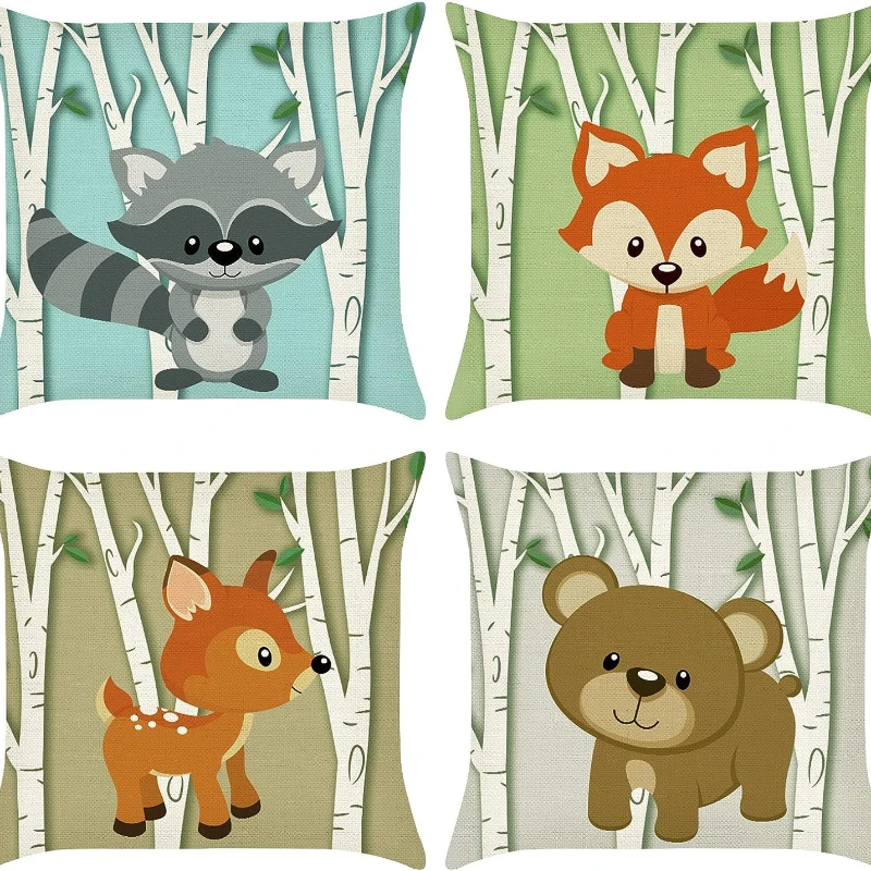 

Forest Animal Pillow Case Set of 4 Deer Fox Bear Raccoon Decorative Throw Pillowcases Linen for Sofa Couch Kids Classroom Decor