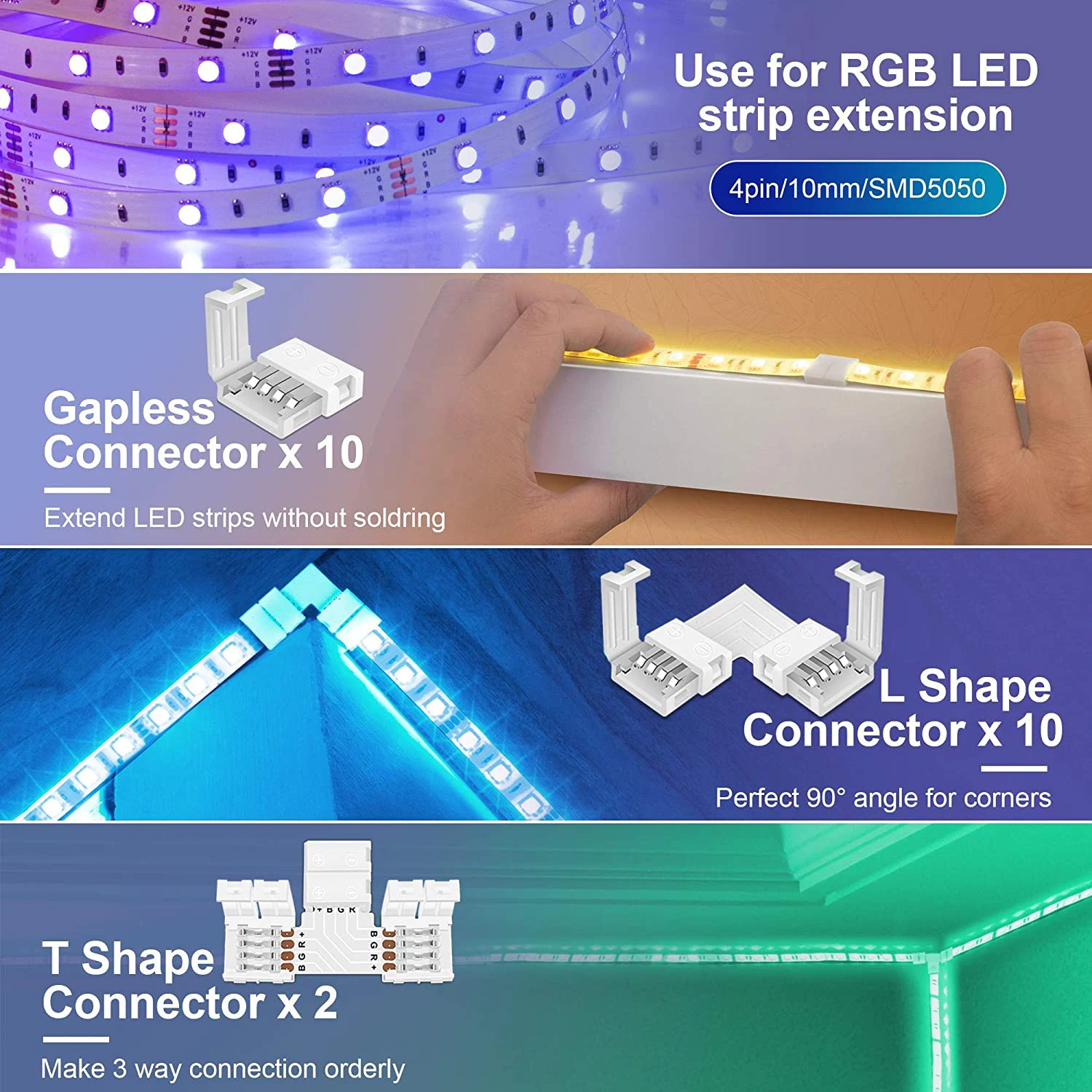 5050 4-Pin RGB LED Strip Light Connector Kit with T/L-Shaped Strip Jumpers Strip Clips Wire Connection Terminal Splice LED Strip