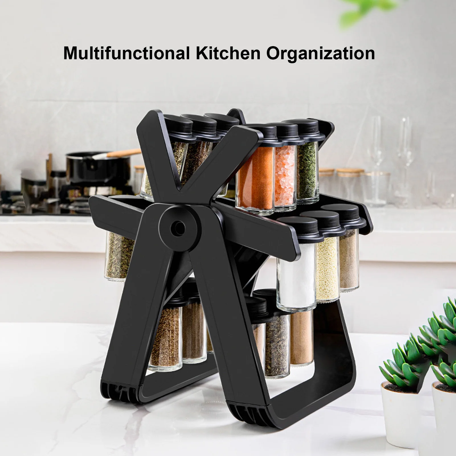18 Jar Glass Spice Carousel Organizer 360° Revolving Spice Rack with Labels and Collapsible Funnel Space Saving Modern Kitchen
