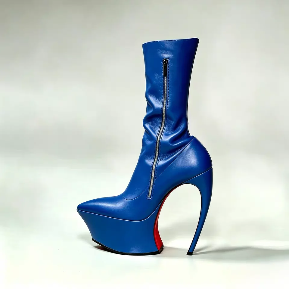 Ladies' Thick Soled Pointed Platform, High Heels, Short Boots, Party Runway, Sexy Fashion Boots, Autumn and Winter Leather Boots
