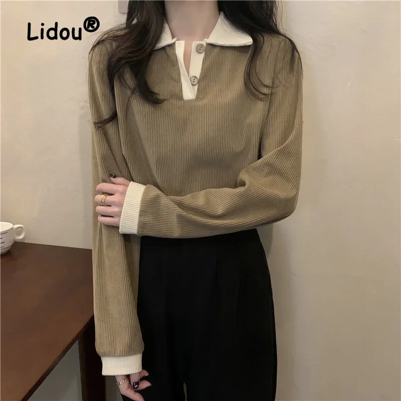 Autumn Color Blocking Plush Thickening Top Women Interior Lapping New Long Sleeve Personality Polo Collar All-match Sweaters