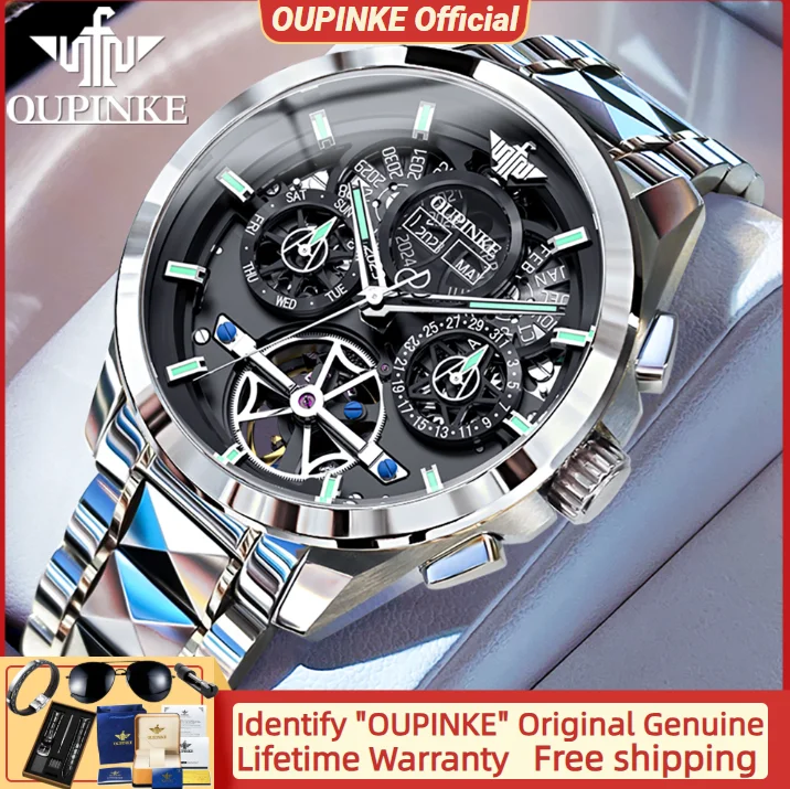 

OUPINKE 3233 Men's Automatic Mechanical Watch Multifunctional Calendar Tungsten steel Strap Skeleton Men's Watch