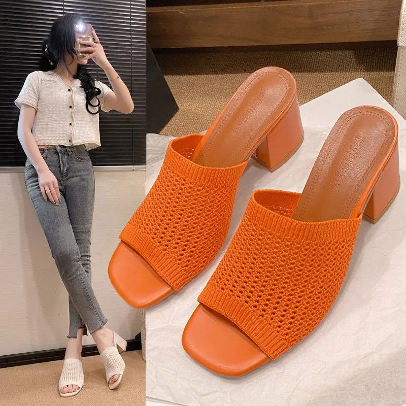 Women Slippers 2024 New Summer Triangle Thick Heel Sexy Square Toe Dress Party Shoes High Heels Knitting Casual Pumps Size 35-42