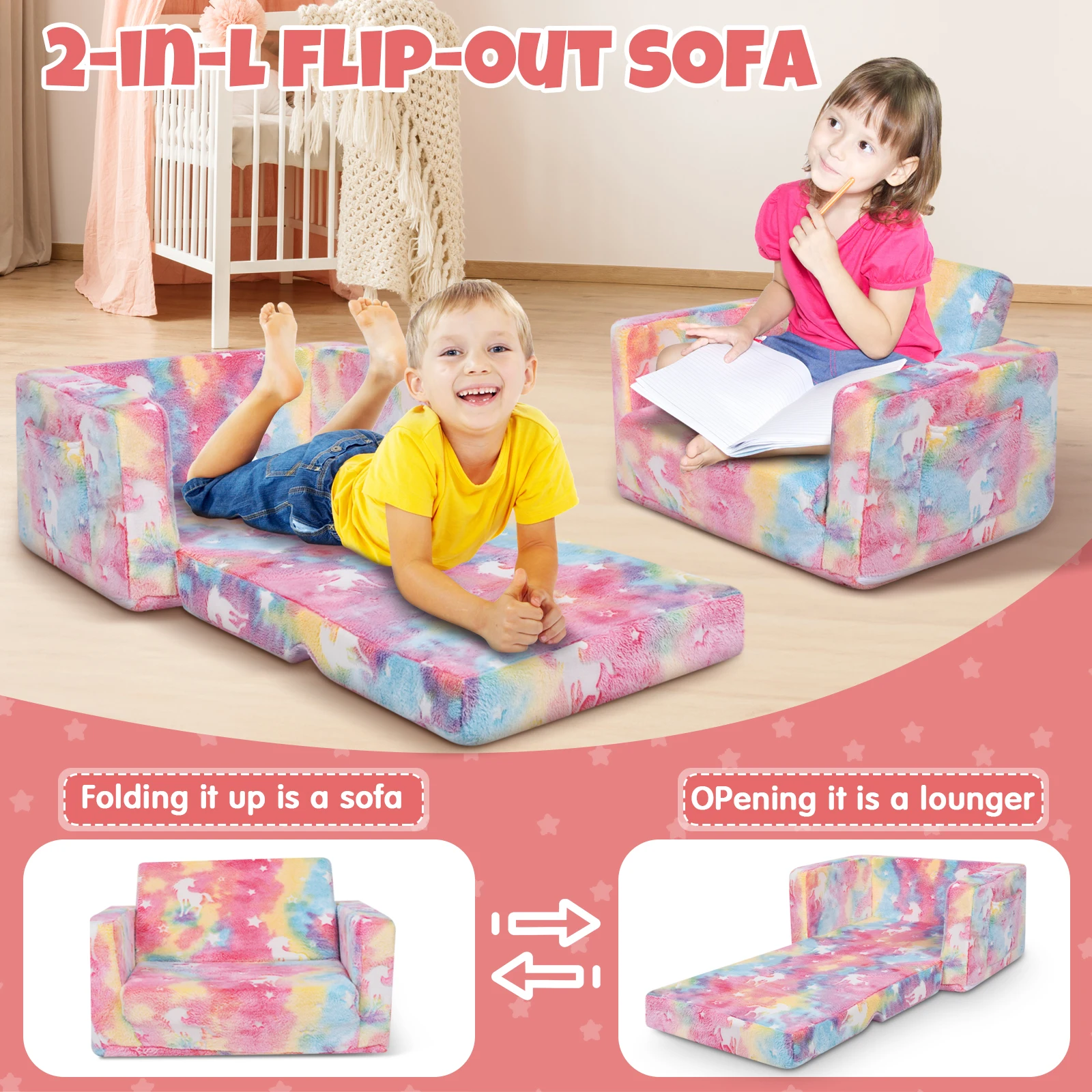 

Kids Couch - 2-in-1 Toddler Soft Sherpa Couch Fold Out - Glow in The Dark Toddler Chair Comfy - Convertible Sofa to Lounger with