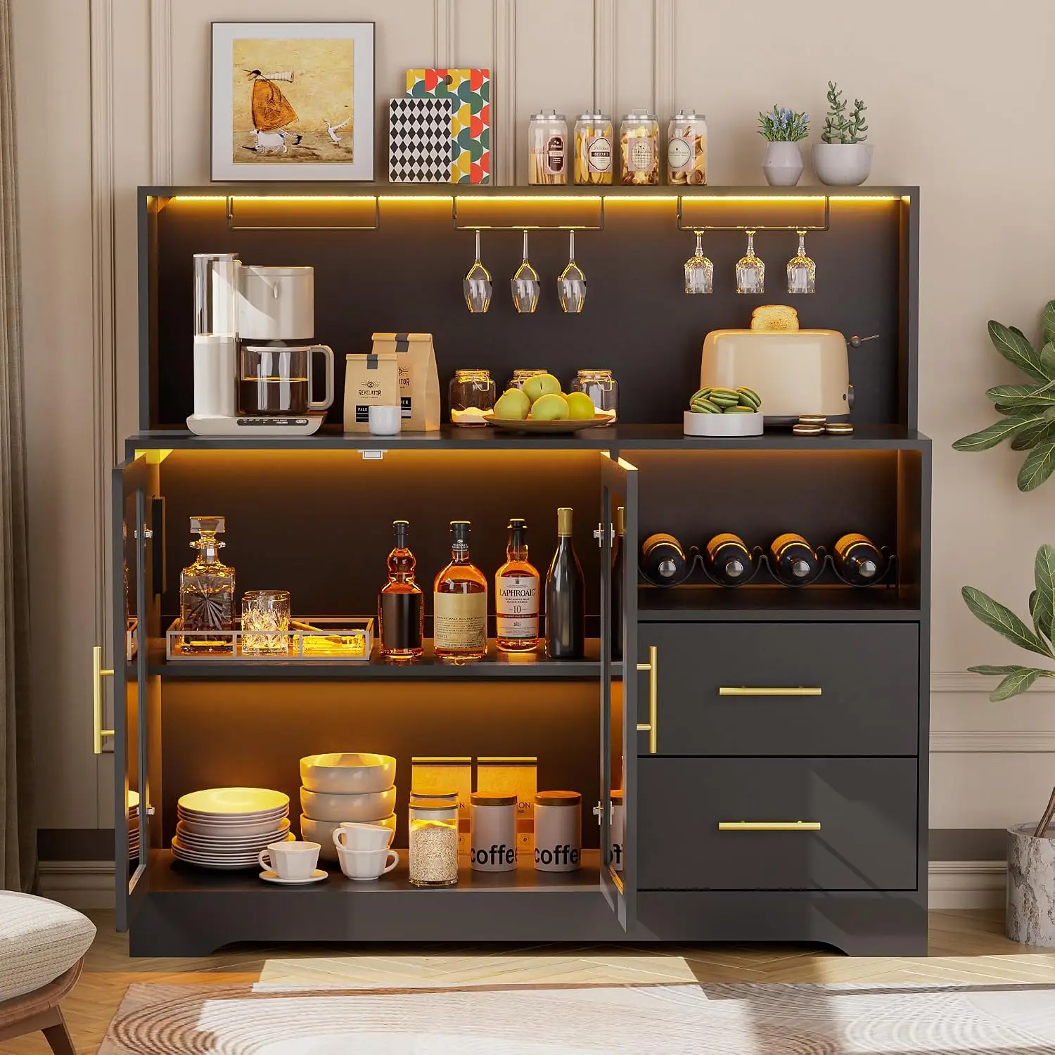 LED Wine Bar Cabinet with Power Outlets, Drawers, Wine Rack & Glass Holder, Sideboard for Living Room & Kitchen, Customized