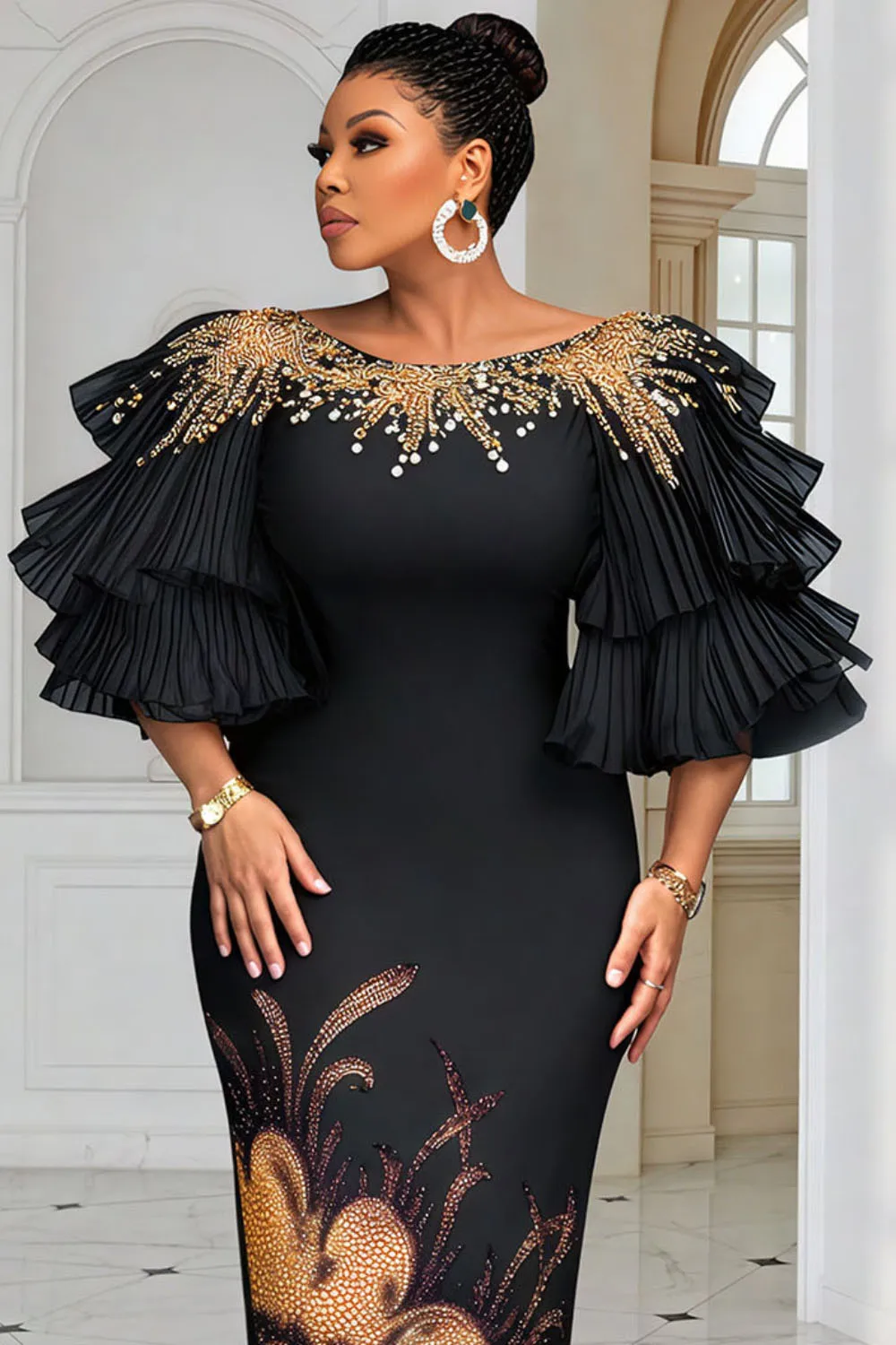 بالإضافة إلى حجم الرسمي الأسود جولة الرقبة نفخة الأكمام 3/4 كم الحفر أنيقة Bodycon فساتين متوسطة الطول