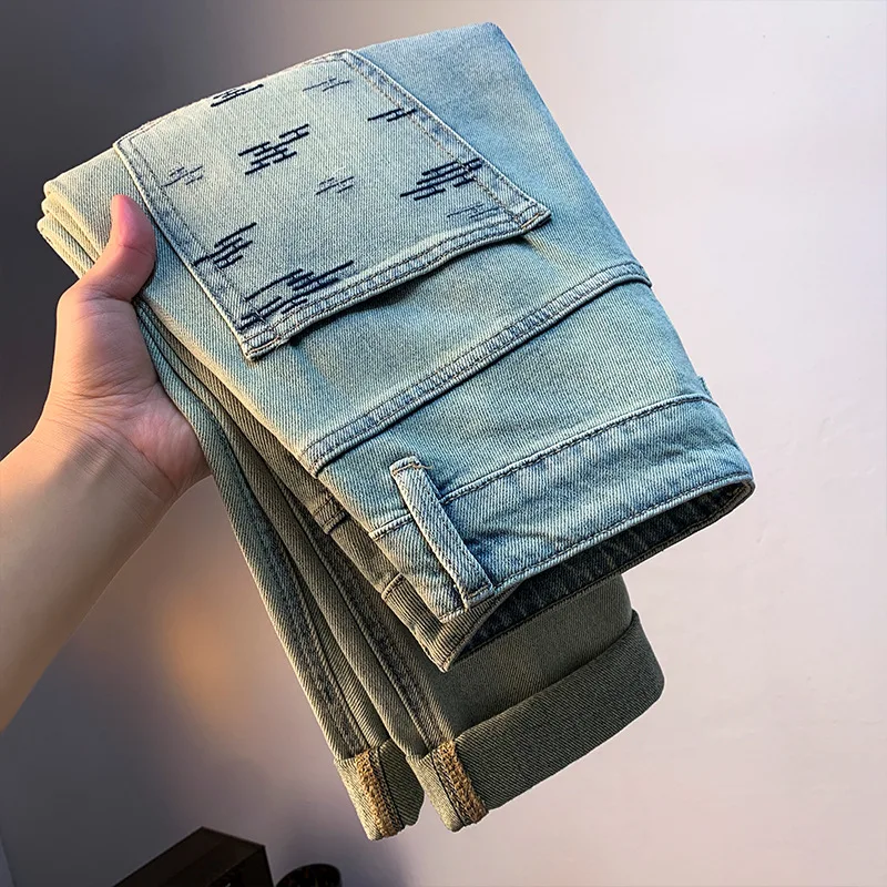 Retro American Jeans Men's Summer Light Blue Thin Micro Harem Trousers Twill Cotton Stretch Casual High-End Men's Clothing