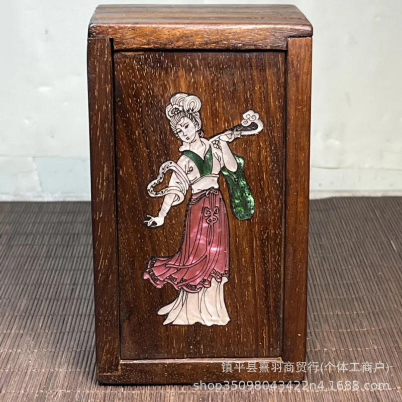 Joyero de madera de estilo antiguo al por mayor con incrustaciones de concha, caja con mecanismo extraíble para joyería, artesanías, fuente de transmisión en vivo,
