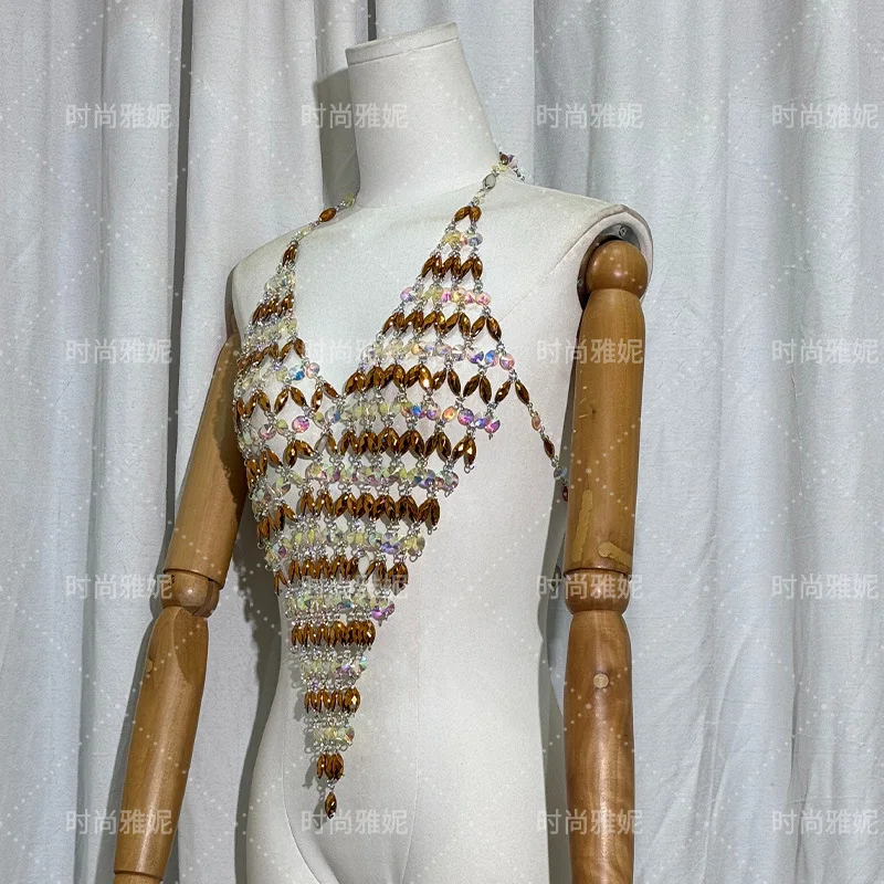 New Europe And The United States Beaded Gemstone Chain Women'S Backless Undershirt Halter Neck Pendant Chest Jewelry Tide